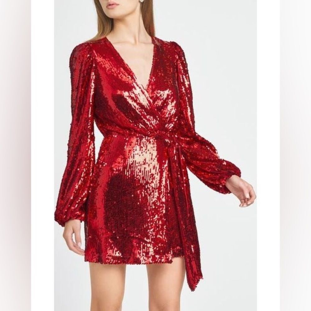 NEW Wayf  Women's Red Flash Sequin Long Sleeve Faux Wrap Minidress XS